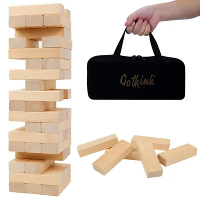 Produktbild von Holz Stapelspiel 54 Teile für Familie & Spieleabend, Wackelturm Geschicklichkeitsspiel inkl. Aufbewahrungsbeutel