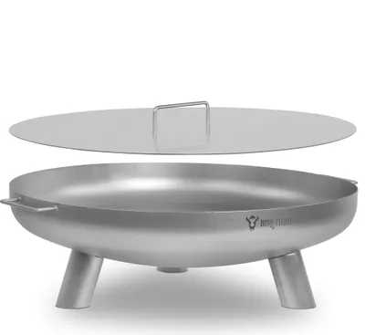 A silver metal fire pit with a lid, shown on a white background.
