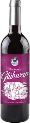 A bottle of Aronia Glühwein with a festive winter scene on the label.