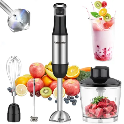 A collage of an immersion blender and its accessories, surrounded by fresh fruits and a smoothie.