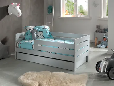 Produktbild von Vipack - Juniorbett mit Liegefläche 70 x 140 cm, Umrandung mit waagerechten Paneelen, inklusive Bettschublade, Ausf. MDF hellgrau lackiert