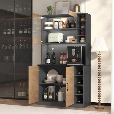 Image de Armoire de cuisine 100 x 47 x 187 cm, buffet avec éclairage d'ambiance LED et trous pour câbles, buffet haut de cuisine en bois, grand espace de rangement, compartiments latéraux réglables en hauteur