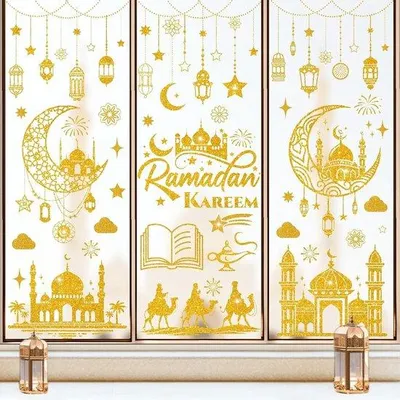 Productafbeelding van Raamstickers, 9 vellen - Eid Mubarak decoratie - Maan en sterren - Al-Fitr, zelfklevend