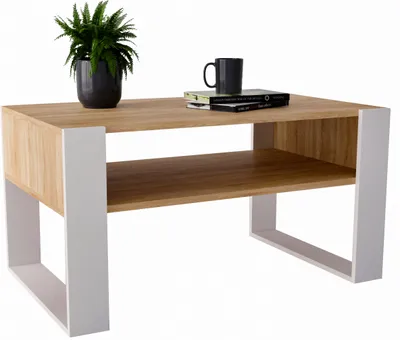 Produktbild von Couchtisch KARO 92 Wohnzimmertisch rechteckiger Kaffeetisch aus Holz Modern Teetisch 92 x 53,6 x 45cm Holz Bardolino Eiche / Weiß