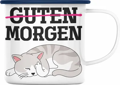 Produktbild von Trendation - Guten Morgen Emaille Tassen Emaille Tasse Becher Emaille Emaille Tasse Katzen Lustig Spruch Geschenk Frauen Männer Morgenmuffel (Blau)