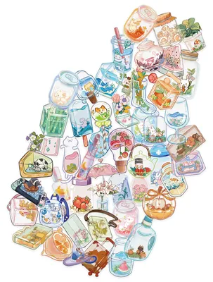 Retro Blumen-Stickerset, 50 Sticker, mehrfarbig, 11x2 cm