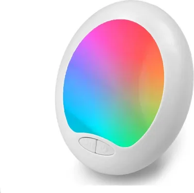 A small, round, white night light with a colorful gradient display and two buttons on the front.