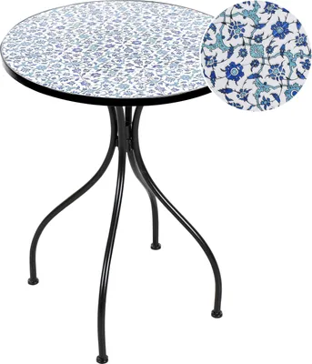 Produktbild von BELIANI Balkontisch Schwarz u. Blau Eisen ø 60 cm Rund Keramik Mosaik Französisch Romantisch für 2 Personen Garten Outdoor Terrasse Ausstattung Möbel