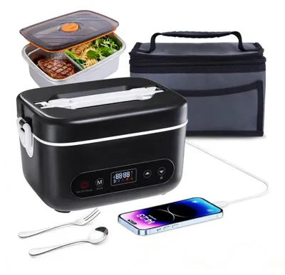 Elektrische Lunchbox 1,2 L, Akku-betrieben, Edelstahl, mit Besteck und Tasche