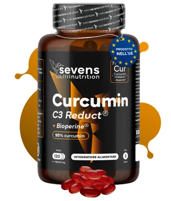 Immagine prodotto di Capsule di curcuma con BioPerine® e piperina ad alto dosaggio - Curcumin C3 Reduct® - 120 capsule molli - Sevens Nutrition