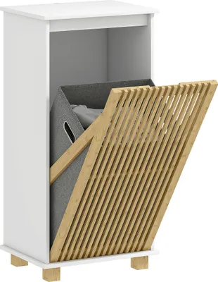 Image de Meuble salle de bain avec panier š€ linge, porte š€ lattes en bambou et sac amovible, blanc et effet bois naturel