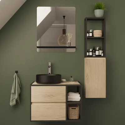 Produktbild von 70 cm Einzelwaschbecken-Waschtisch-Set + Waschbecken + Spiegel + EDISSON-Säule