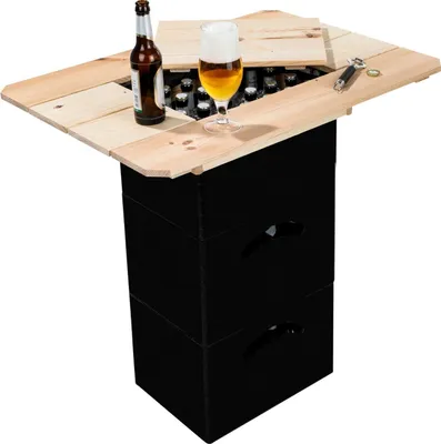 A beer crate table with a bottle and glass of beer on top.
