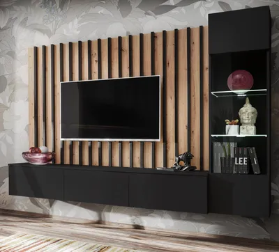 Produktbild von Wohnwand "Pearl" in schwarz und Artisan Eiche Schrankwand 220 cm inklusive LED Beleuchtung, Push-to-Open