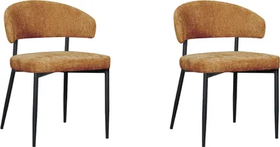 Two orange upholstered dining chairs with black metal legs are shown against a white background.