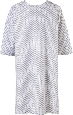 A white patient gown with a small gray diamond pattern, shown flat against a white background.