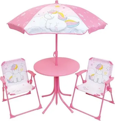 Produktbild von Gartenmöbel Set Kinder, Licorne Einhorn Design, Tisch H.46 x 46 cm, 2 Klappstühle, Sonnenschirm H.125 x 100 cm