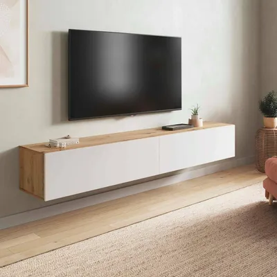 Produktbild von TV-Ständer Dmussi, TV-Ständer mit 2 Türen, hängender Wohnzimmerschrank, 180x35h28 cm, Node-Eiche und glänzendes Weiß