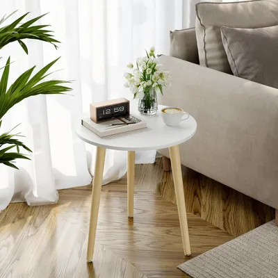 Produktbild von Beistelltisch rund Ø 42 cm, Couchtisch höhenverstellbar, Massivholz Beine, Skandinavischer Stil