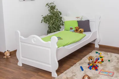 Produktbild von Kinderbett / Jugendbett Kiefer massiv Vollholz weiß lackiert 91, inkl. Lattenrost - Abmessung 90 x 200 cm