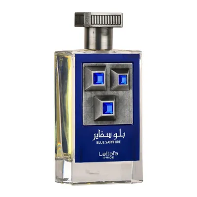 A product shot of a bottle of Lattafa Pride Blue Sapphire Eau de Parfum.