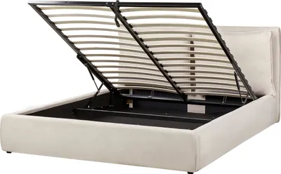 Produktbild von BELIANI Bett mit Bettkasten Hellbeige aus Stoff Gepolstert 160 x 200 cm Lattenrost Hochklappbar Hohes Kopfteil Stauraum Modern Doppelbett Schlafzimmer