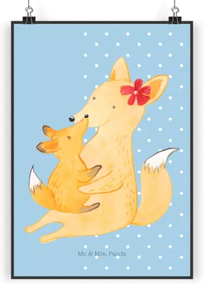 Produktbild von Mr. & Mrs. Panda Bild Fuchs Mama DIN A3 - Blau Pastell - Geschenk, Wandbild, Tochter, drucke, Kunstdruck, Posterdruck, Wanddeko, Mutter, Schoß, Muttertag, Umarmen