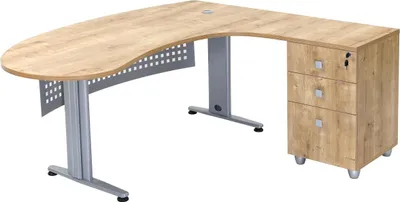 A corner desk with a wood-grain finish and metal legs.