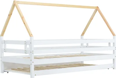 Produktbild von Merax Kinderbett 90x200cm Ausziehbett mit Rausfallschutz und Lattenrost, Massivholz Tagesbett Einzel- und Doppelbett Hausbett Schiebebett