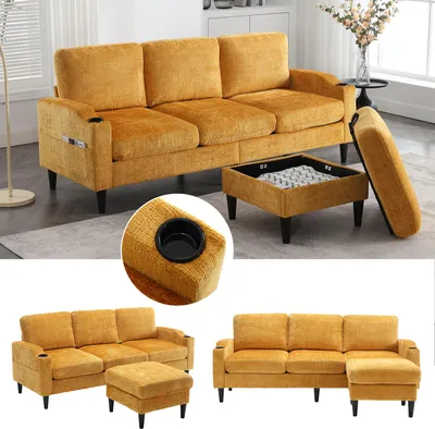 Produktbild von Sweiko Elegantes Sofa mit Hocker & Stauraum – 4-Sitzer mit bequemen Armlehnen, Getränkehalter, Seitentaschen & robusten Kunststofffüßen, Samtbezug für hautfreundlichen Komfort