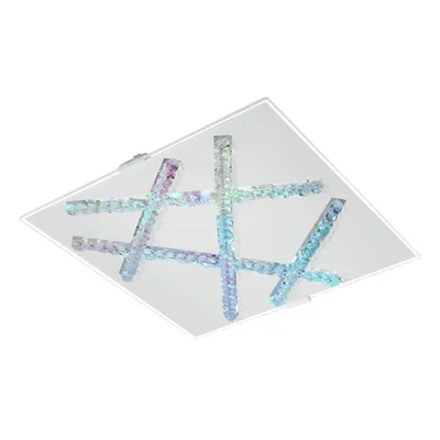 A modern ceiling light fixture with a square glass base and a hashtag-like design made of clear, faceted elements that refract light in iridescent colors.