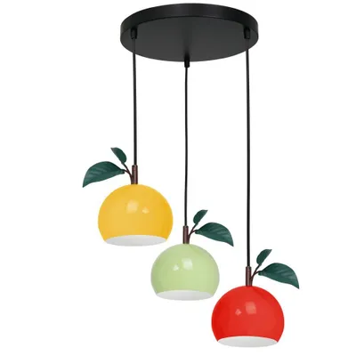 A pendant light fixture with three fruit-shaped lamps.