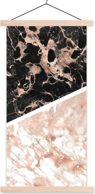 Produktbild von MuchoWow® Textilposter Marmor - Rosa - Weiß - Schwarz 40x80 cm mit holzfarbenen Rahmen - Wohnzimmer