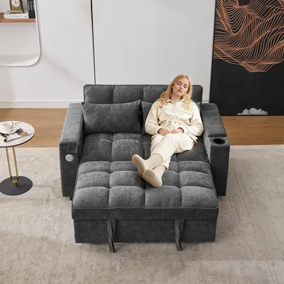 Produktbild von 3-in-1 Ausziehsofa Klappsofa mit mit USB- und Typ-C-Anschlüssen,mit Sofabeinen,Loungesofa Winkelverstellung mit versteckten Beistelltisch mit Getränkehaltern,grau