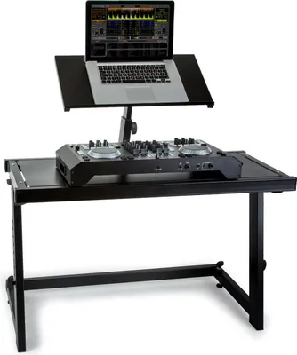 Produktbild von Ibiza DS20 DJ-Pult, schwarz, Metall, transportabel, höhenverstellbare Tischfläche, justierbare Standfüße, 2 Ablageflächen, Kabel-Aussparung, werkzeugloser Aufbau, 102.5x58x111-135.5 cm (BxTxH)