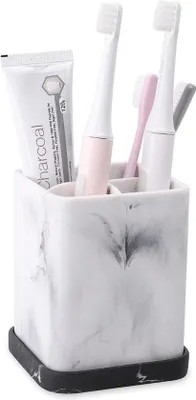 Productafbeelding van Badhanddoek - Elektrische tandenborstelhouder in een elegante stijl, vierkante tandenborstelhouders van wit materiaal, cosmetica, borstel, scheermes - hoogwaardige beker met voet in wit