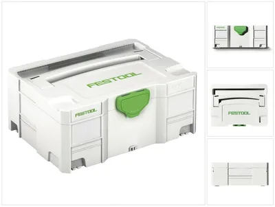 A white Festool Systainer tool case with green accents, shown from a three-quarter angle against a white background. Multiple smaller images of the product are displayed to the right.