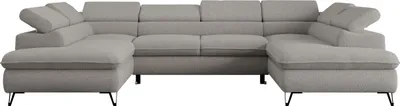 Produktbild von Ecksofa mit  Schlaffunktion, Bettkasten, U-form, einstellbare Kopfstützen, Wohnzimmersofa - PETER U - Boucle - Hellgrau