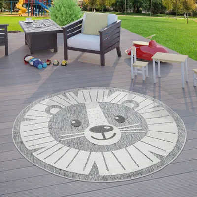 Produktbild von TT Home Kinderzimmer Outdoor Teppich Kinder Rund Spielteppich 3D Optik Löwe Grau Größe 200 cm Rund