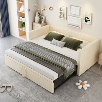 Merax Tagesbett 90x200cm/180x200cm Ausziehbett, Erweiterbares Schlafsofa mit Lattenrost und Armlehnen, Samt Polsterbett Kinderbett Sofabett