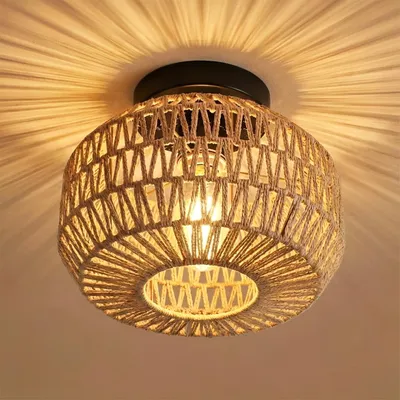 Produktbild von Deckenleuchte Rattan Deckenlampe Ø28cm Wohnzimmer Schlafzimmer, Boho Lampe Decke E27 Hängend Bambus Korb Lampe Rattan Lampenschirm Küche Flur Esstisch