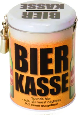 Produktbild von Bierkasse Spardose, Bier Design, mit Vorhängeschloss und Schlüssel, H 11 cm, Ø 8 cm
