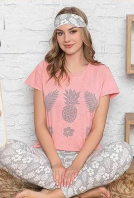 Produktbild von Damen Pyjama Schlafanzug Lachsfarbe L Kurz 3-Teiler Set mit Augenband S-82