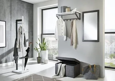 Produktbild von Unyqoos® Moderne Wandgarderobe mit Ablage, 5 Haken & Kleiderstange – Metallrahmen anthrazit, MDF-Ablage weiß, für Flur & Eingangsbereich