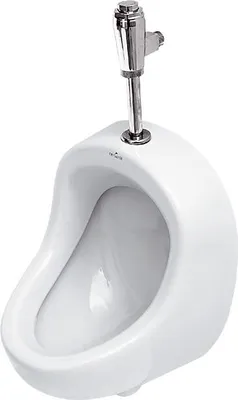 A white ceramic urinal with a chrome flush valve is shown against a white background.