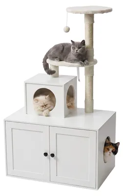 Produktbild von Relaxdays Kratzbaum mit Katzenkloschrank, HBT: 133x78x49 cm, Sisalstämme & Liegemulde, Holzoptik, Katzenturm,weiß