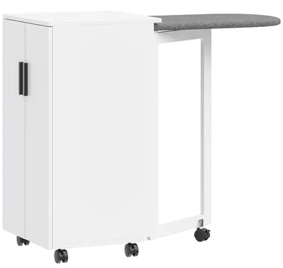Produktbild von 2-in-1 faltbarer Bügelbrettschrank auf Rollen mit Bügelbrett und verstellbarem Regal für kleine Räume, Weiß