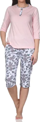 Produktbild von Normann Damen Pyjama Schlafanzug mit Caprihose in floralem Print - auch in Übergrössen ; rosa , 36