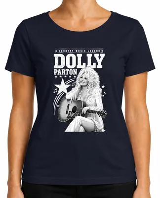 Immagine prodotto di Maglietta da donna, stile western, con la scritta "Dolly Parton, leggenda della musica country", decorata con un'immagine di una chitarra. Colore: blu navy. Taglia: M