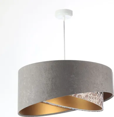 Produktbild von Pendelleuchte Stoff rund D: 50 cm H: max. 102 cm in Weiß Grau Beige (Vintage Print) Gold E27 Modern Hängelampe